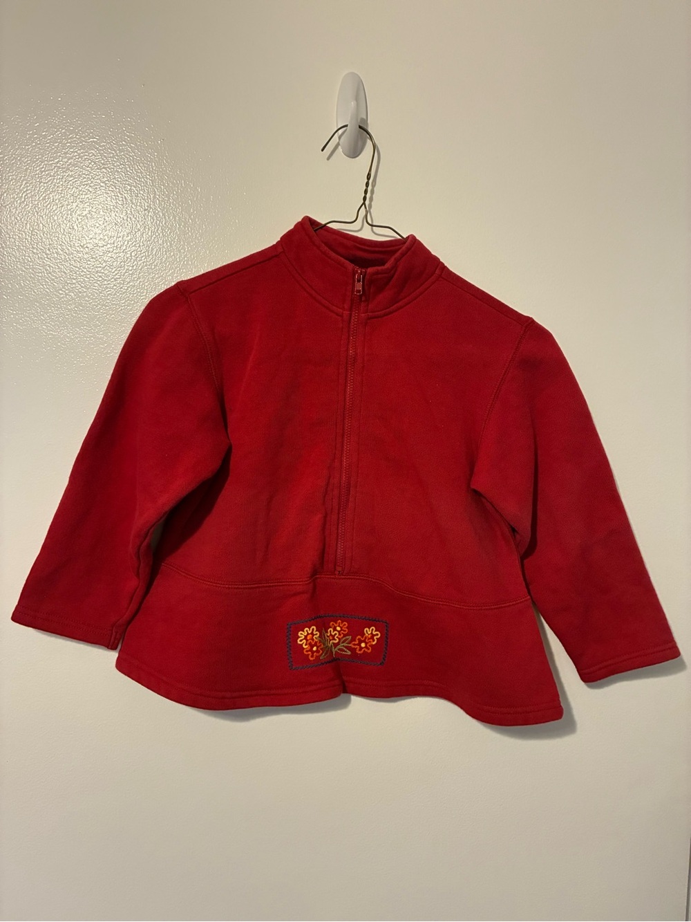 Girls' Red Half-Zip Fleece Pullover with Floral Accent